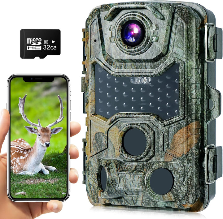 Crenova Wildkamera 4K 32MP mit 32GB microSD 940nm IR LEDs Bluetooth Bewegungsmelder Nachtsicht Spiel