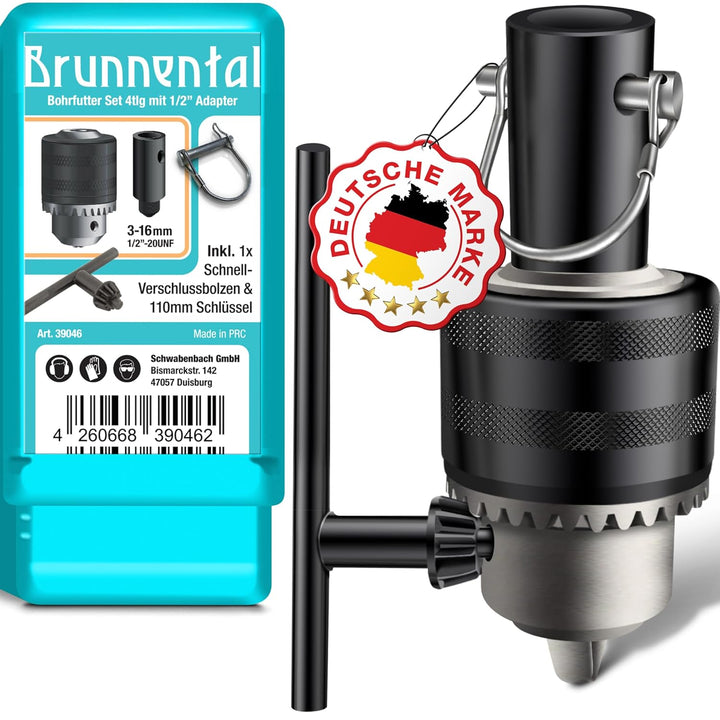 BRUNNENTAL ® Zahnkranzbohrfutter 3.0-16MM 1/2-20UNF - Bohrfutter Set mit Adapter + Flügelbolzen + Bo