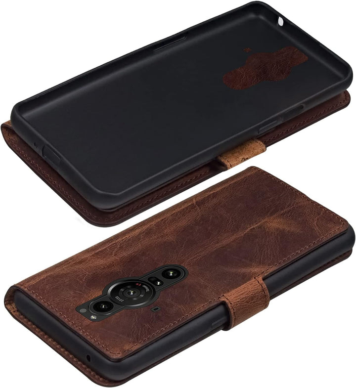 Suncase Book-Style Hülle kompatibel mit Sony Xperia Pro-I Leder Tasche (Slim-Fit) Lederhülle Handyta