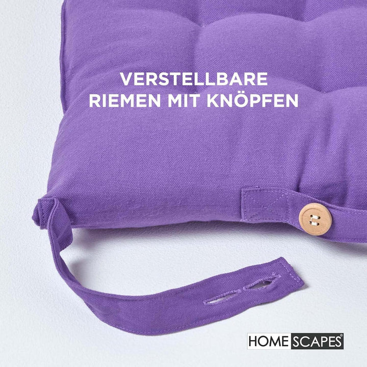 Homescapes 6er Set Stuhlkissen 40 x 40 cm, lila, Sitzkissen mit Bändern und Knopfverschluss, einfarb