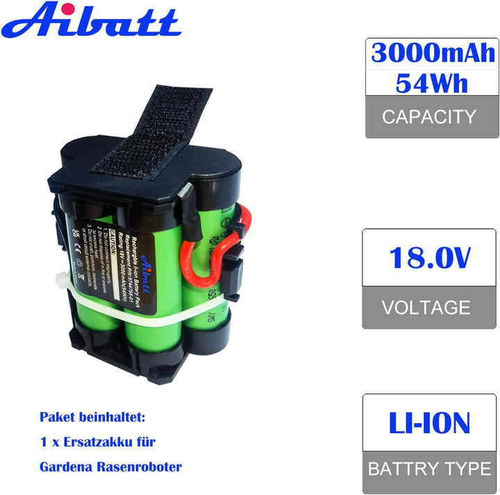 Aibatt 2.5Ah 18V Lithium Akku,Ersatzakku für Gardena R38Li,R40Li,R45Li,R50Li,R70Li,R75Li,R80Li Mähro