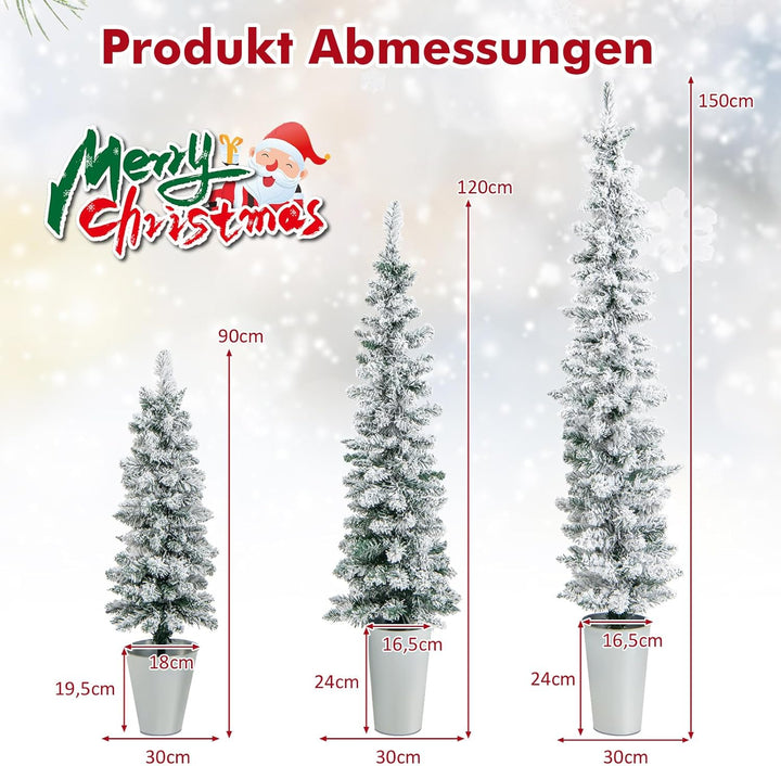 COSTWAY 3er Weihnachtsbaum Künstlich mit Schnee, 90+120+150cm, Tannenbaum Bleistift mit Sockel aus M