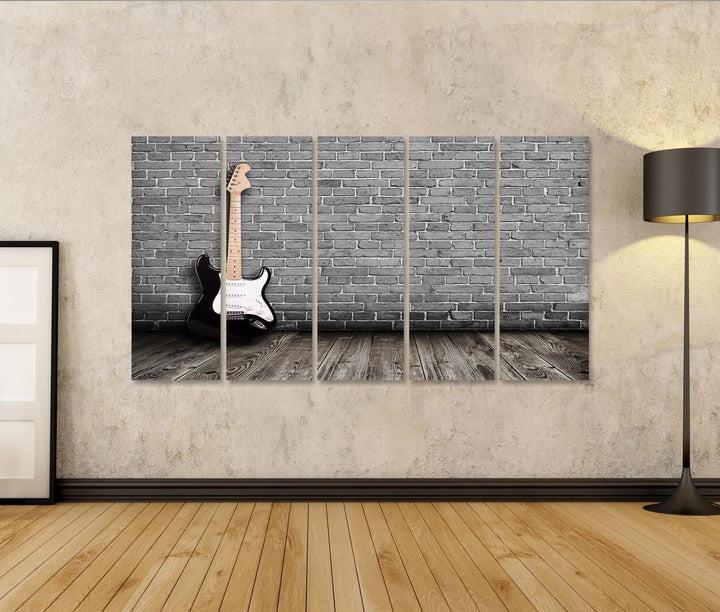 islandburner Bild auf Leinwand E Gitarre Auf Holzboden Vor Steinwand Bilder Wandbilder Poster Leinwa