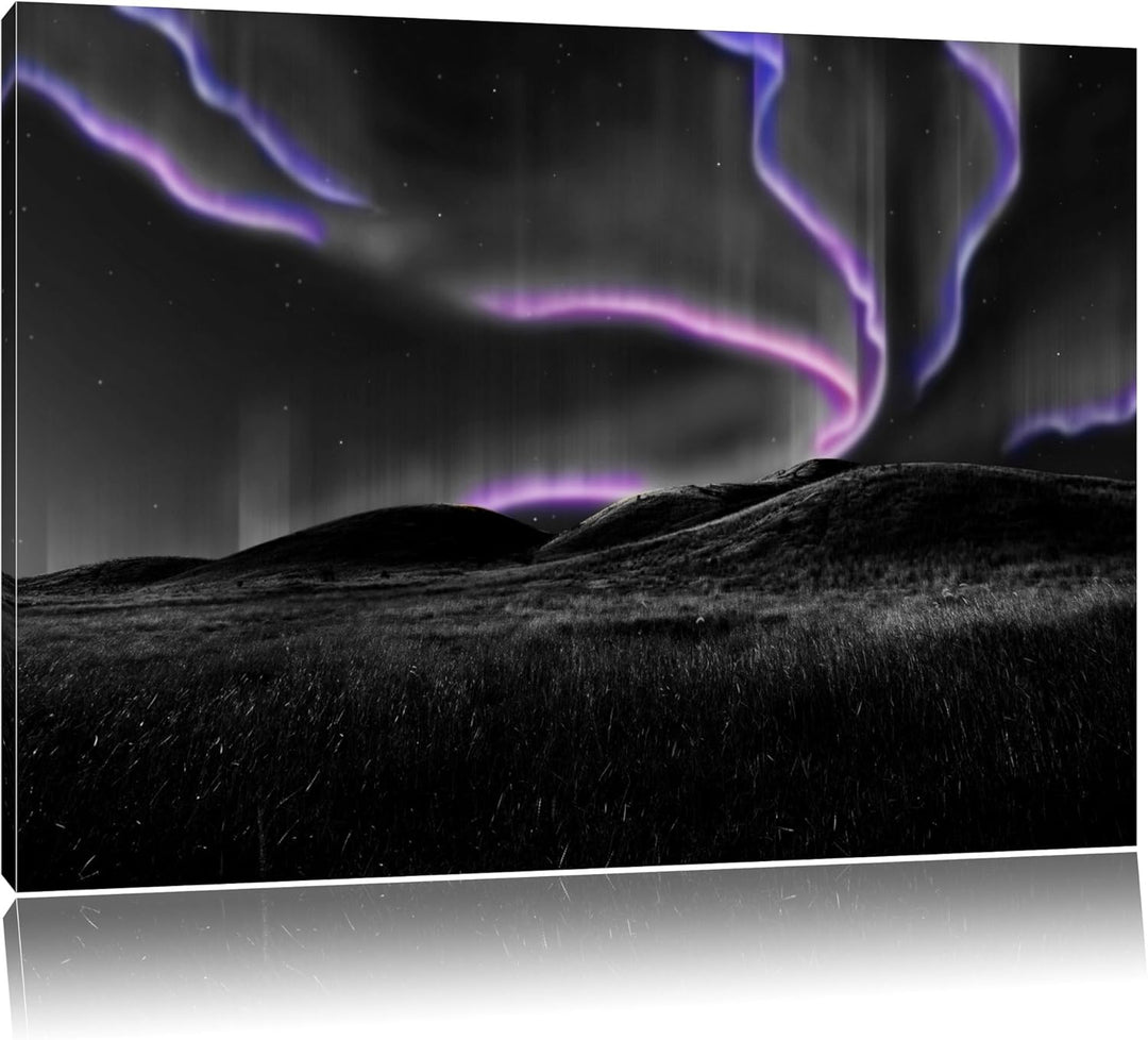 Polarlichter über Hügeln schwarz/weiss Format: 100x70 auf Leinwand, XXL riesige Bilder fertig gerahm