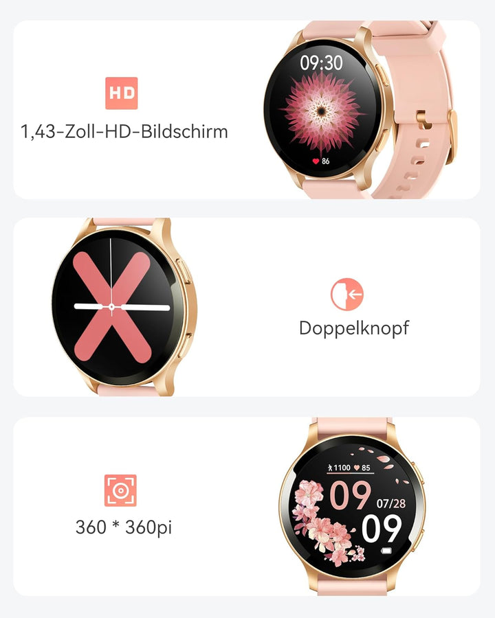 Parsonver Smartwatch Damen mit Telefonfunktion, Fitness-Tracker mit Herzfrequenz Schlafmonitor, 1.43
