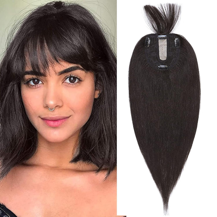Silk-co Hair Topper Echthaar mit langem Pony, Toupet Damen 10x12cm Basis, Haartopper Echthaar mit Re