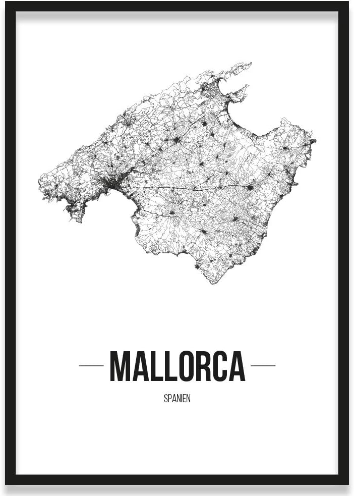 JUNIWORDS Stadtposter, Mallorca, Wähle eine Grösse, 40 x 60 cm, Poster mit Rahmen, Schrift B, Weiss