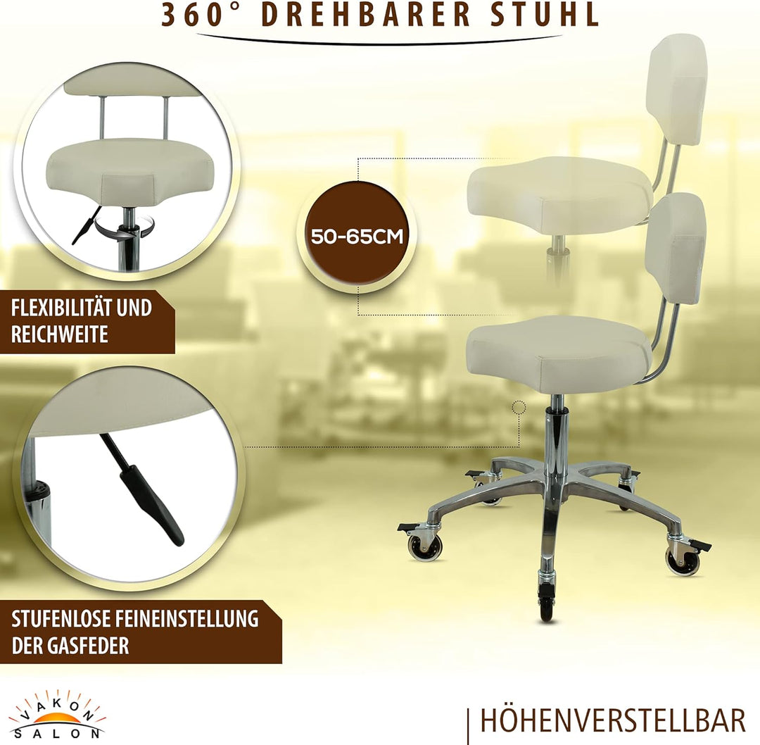VAKON SALON - Ergonomischer Rollhocker mit Lehne in Weiss - Rollen mit Bremse - Höhenverstellbarer v