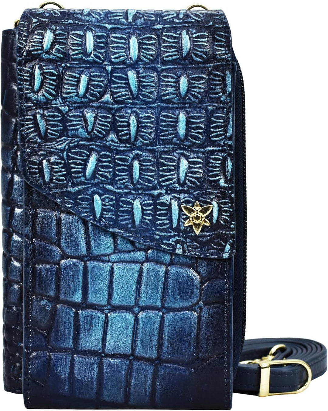 Anuschka Anna by Women's Crossbody Handytasche aus echtem Leder | Handbemalte Handwerkskunst Croc Em