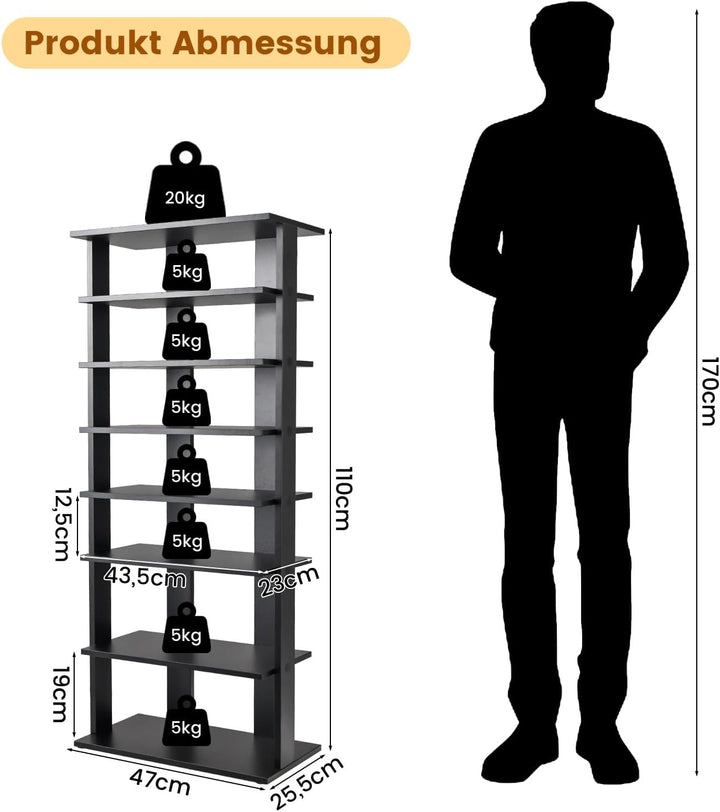 COSTWAY 8 stufiger Schuhständer höheverstellbar, Platzsparendes Schuhregal aus Holz, Schuh-Organizer