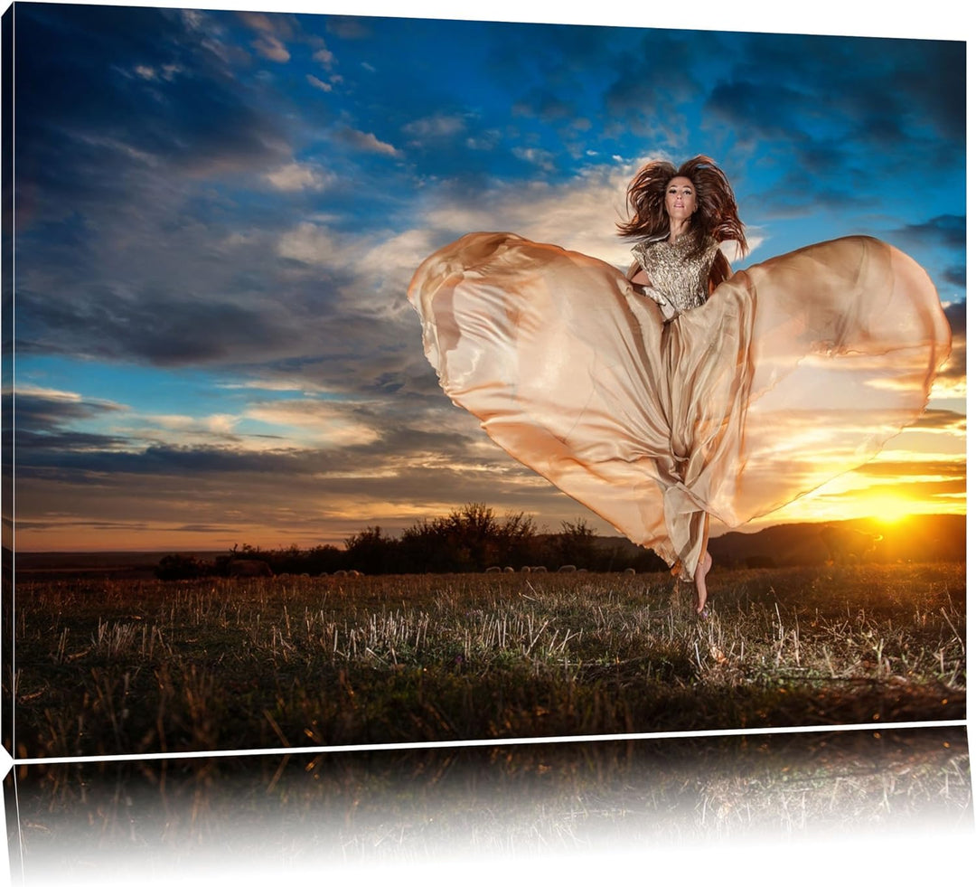 Frau mit Kleid bei Sonnenuntergang Format: 100x70 auf Leinwand, XXL riesige Bilder fertig gerahmt mi