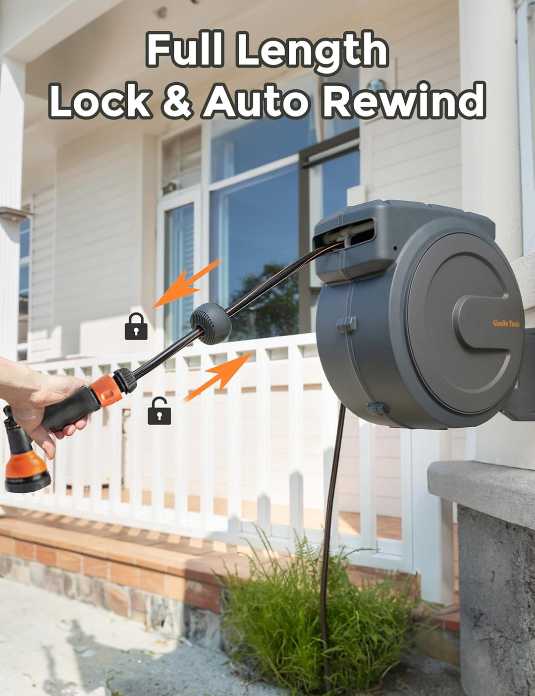 Giraffe Tools Gartenschlauchtrommel-Set mit Wasserhahn-Splitter und Abdeckung, einziehbarer 35 m Sch