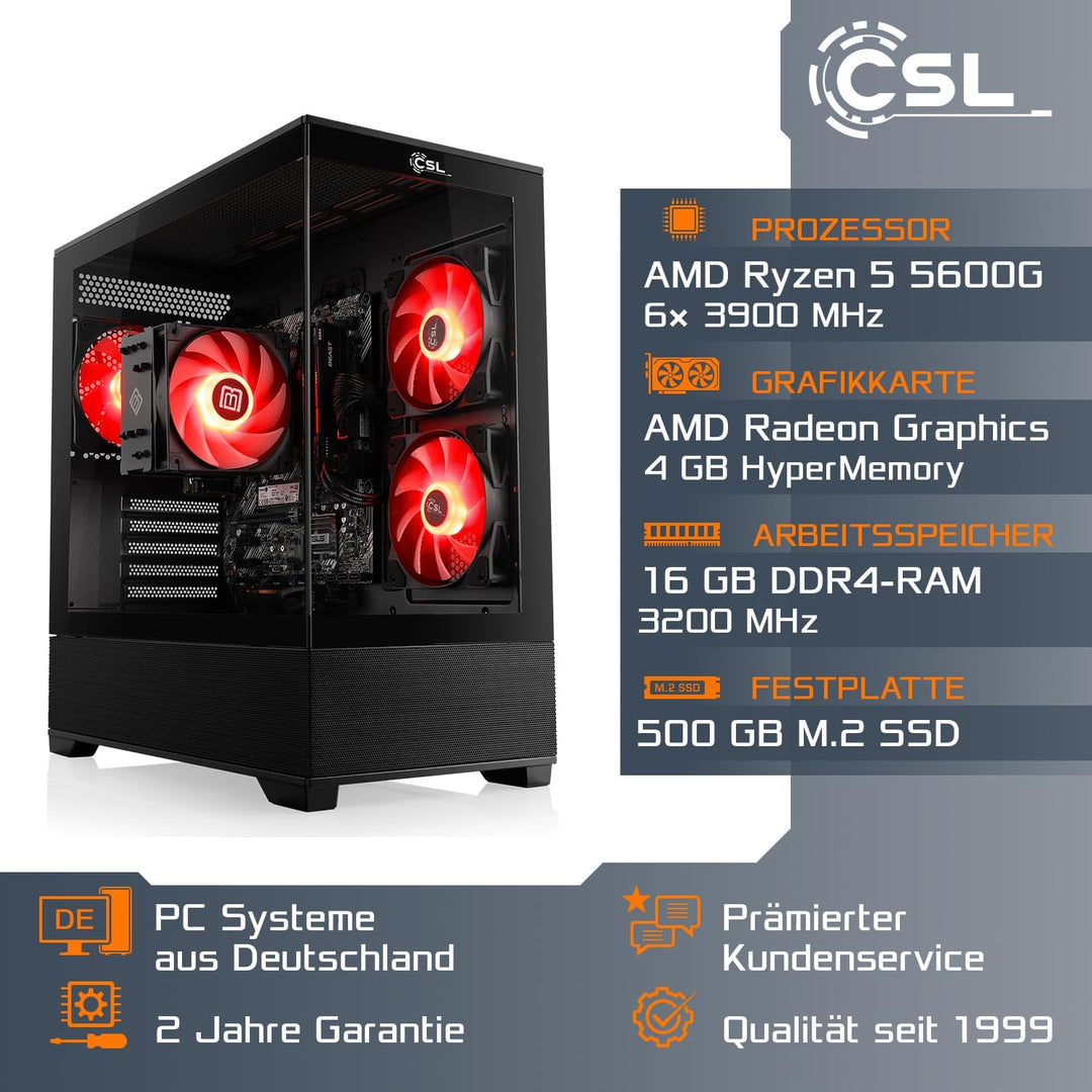 Basic Gaming PC mit Windows 11 Home | AMD Ryzen 5 5600G 6x4.4GHz | AMD Radeon | 500GB M.2 NVMe | 16G