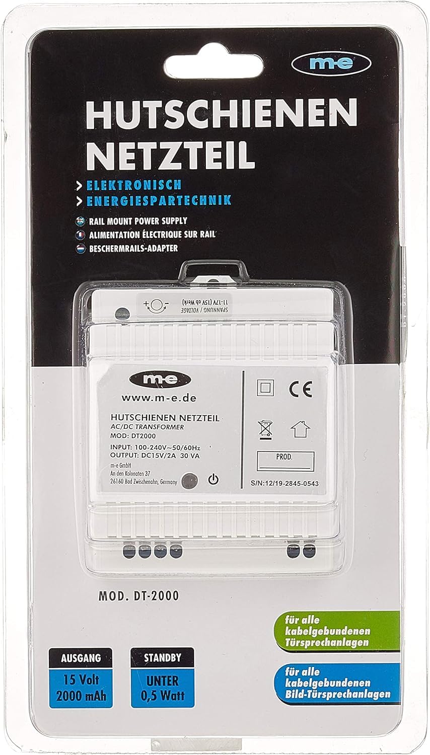m-e DT-2000 Elektronisches DIN-Schienen-Netzteil, weiss, (WxHxD) 77 x 97 x 56 mm