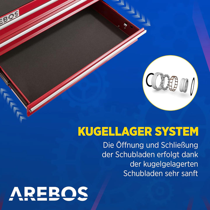 Arebos Werkstattwagen 4 Fächer + grosses Fach für Werkzeug | inkl. Antirutschmatten |kugelgelagerte
