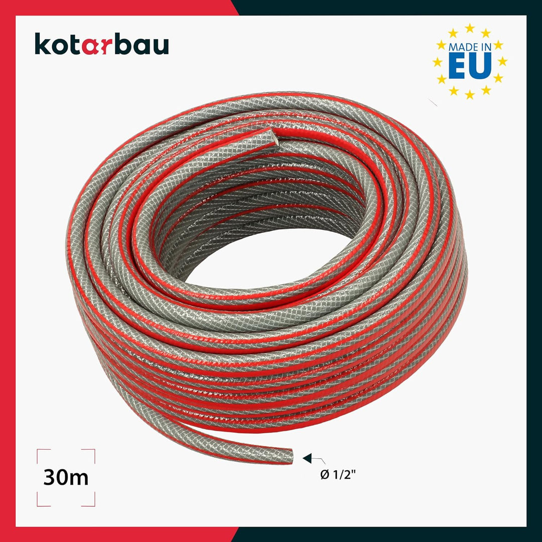 KOTARBAU® Gartenschlauch 1/2" 30m 6-lagig Grau Professionell zum Giessen von Pflanzen, 1/2" 30m
