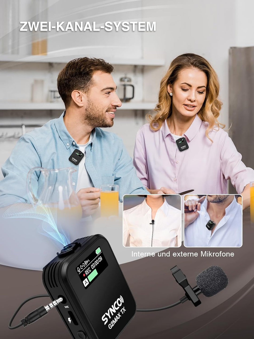 SYNCO Wireless Lavalier Mikrofon, G2(A2) MAX 2.4G Dual Transmitter 24 Stunden Aufnahme 492FT für Vlo