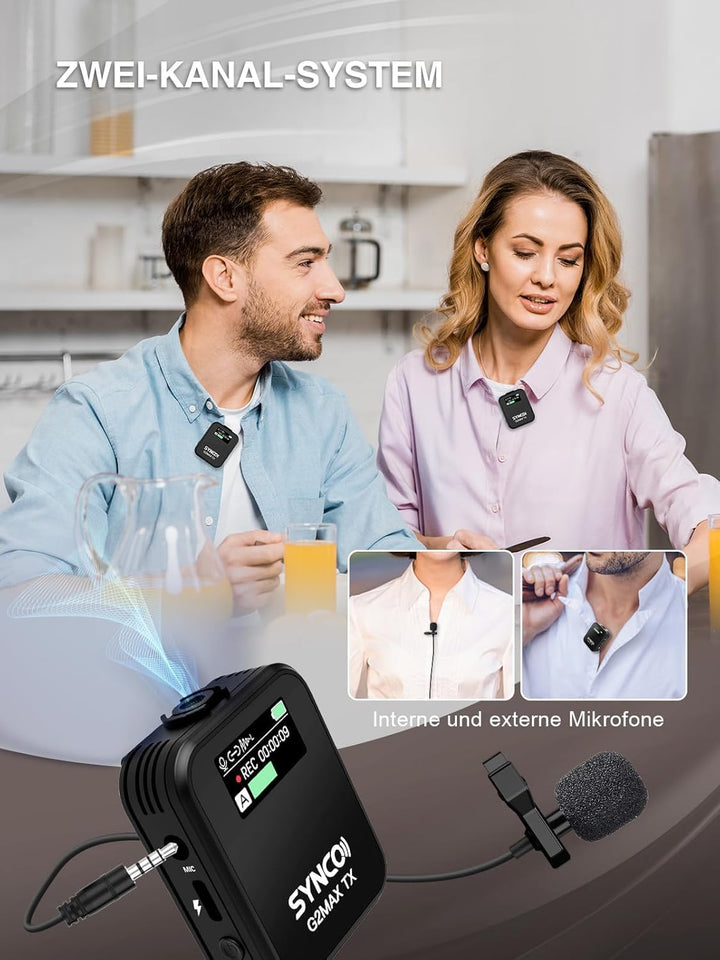SYNCO Wireless Lavalier Mikrofon, G2(A2) MAX 2.4G Dual Transmitter 24 Stunden Aufnahme 492FT für Vlo