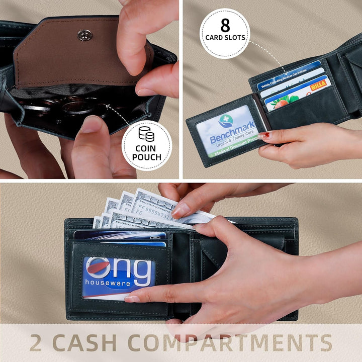 VISOUL Leder Geldbörse Herren mit ID-Fenster/Münzfach & RFID Schutz I Echtleder Geldbeutel für Männe