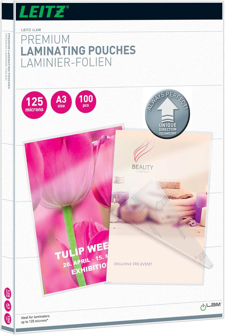 Leitz Heisslaminierfolien A3 125 mic, Laminierfolien in Premium-Qualität im 100er Pack, Glänzend, Tr