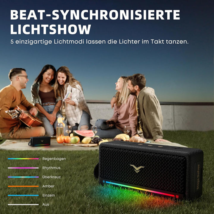 Tragbarer Bluetooth Lautsprecher, musikbox mit Licht, IPX7 Wasserdicht Bluetooth Box, 40W Starker St