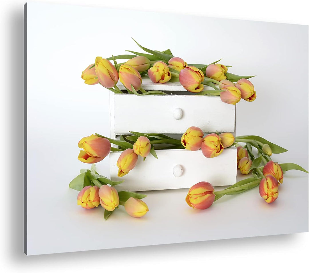 deyoli wild verstreute Tulpen Format: 80x60 als Leinwand, Motiv fertig gerahmt auf Echtholzrahmen, H