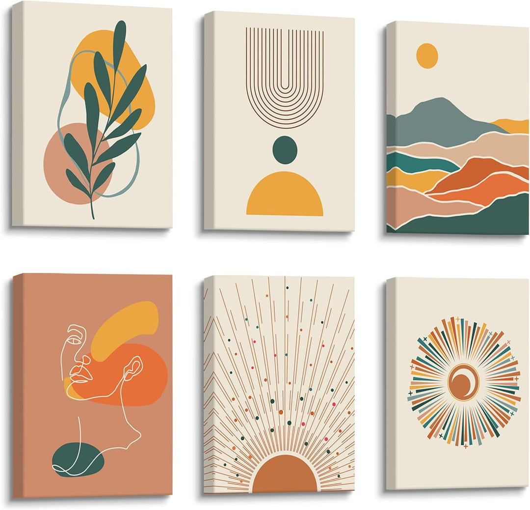 6Pcs Leinwand Bilder Set Mit Rahmen Boho Beige Geometrische Linien Bild auf Leinwand Bohemian Bunte