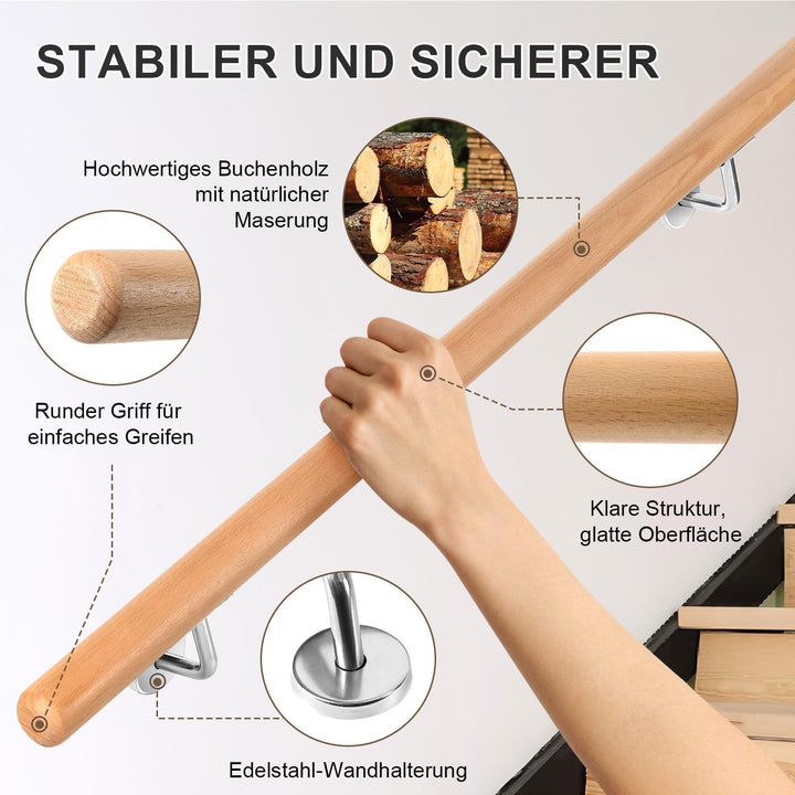 Ikodm Buche Holz Handlauf Treppengeländer 50cm Ø 42mm Geländer für Treppe Treppe Wandhandlauf Wand T