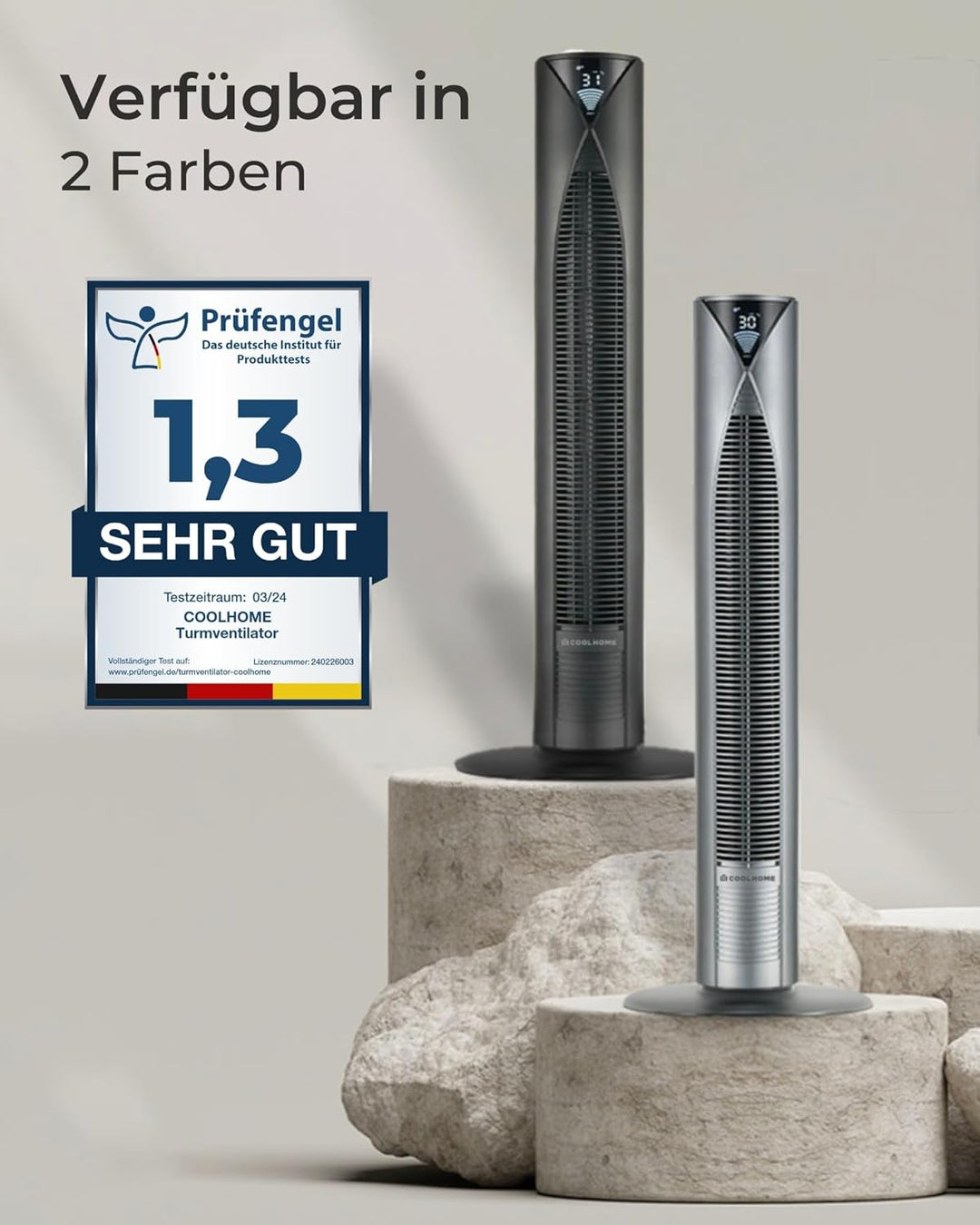 CoolHome CF2206 Turmventilator - Ventilator mit Fernbedienung - 96 CM - Dimmbares LED Display - Grau