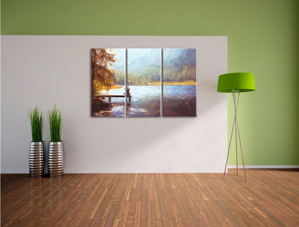 Pixxprint Yoga am See Kunst als Leinwandbild/Grösse: 3 Teilig (120x80) / Wandbild/Kunstdruck/fertig