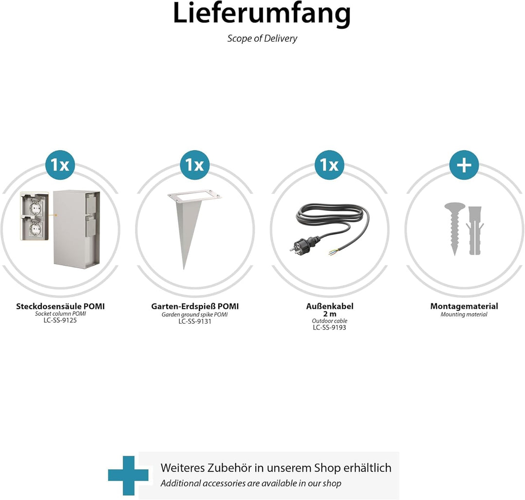 ledscom.de 2x Garten-Steckdosen-Säule POMI mit Erdspiess und 2m Kabel für aussen, IP44, 4-fach, edel