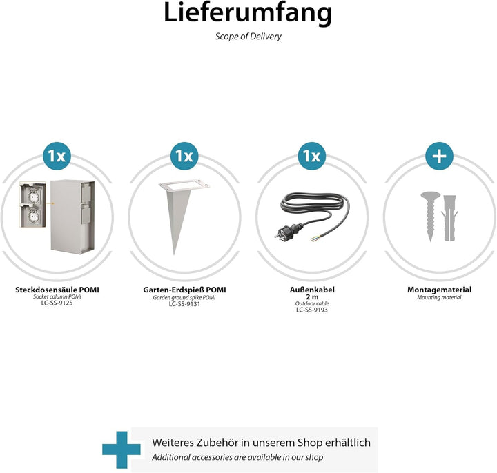 ledscom.de 2x Garten-Steckdosen-Säule POMI mit Erdspiess und 2m Kabel für aussen, IP44, 4-fach, edel