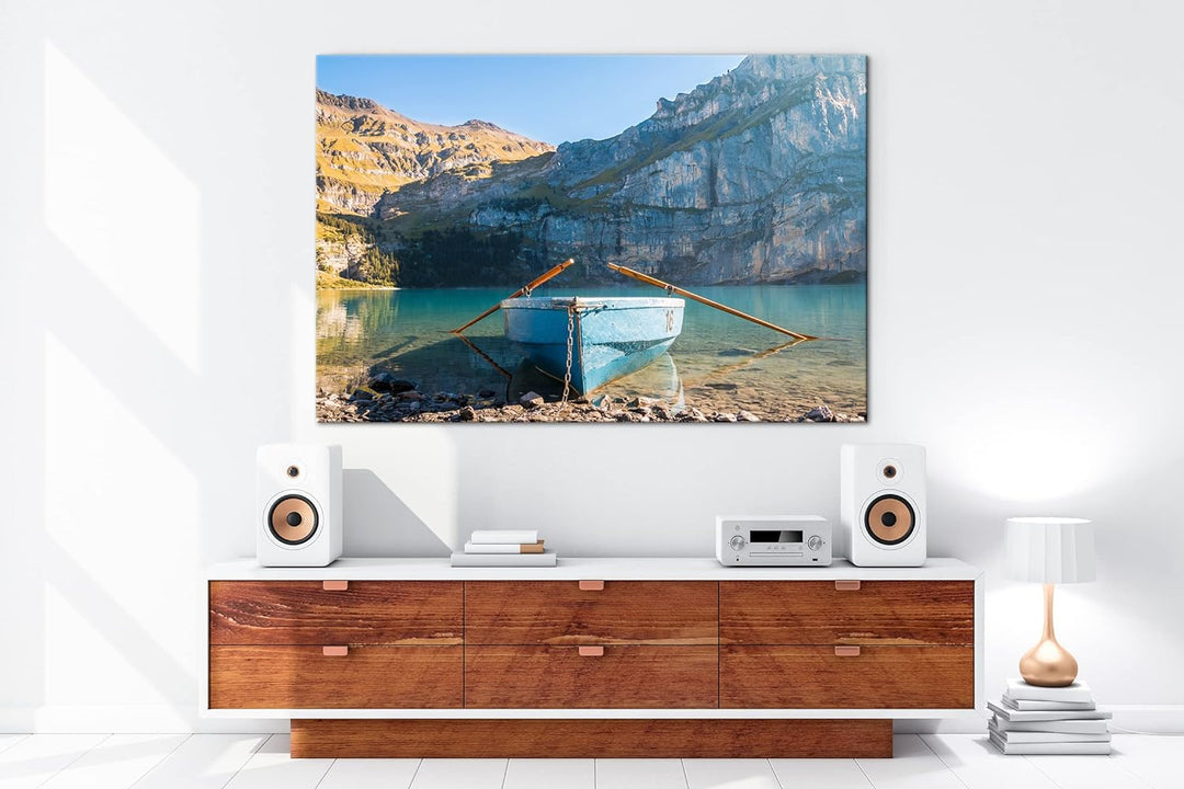 deyoli Traumhaftes Boot am See Format:90x60 cm als Leinwandbild, Motiv fertig gerahmt auf Echtholzra