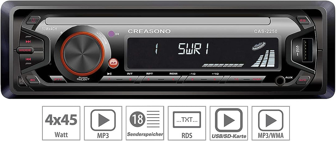 Creasono 1DIN Autoradio: MP3-RDS-Autoradio CAS-2250 mit USB-Port & SD-Slot, 4X 45 W (MP3-Autoradio (