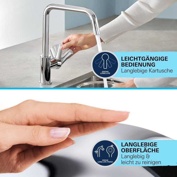GROHE StartEdge - Einhand- Spültischarmatur (hoher Auslauf, herausziehbare Mousseurbrause, Schwenkbe