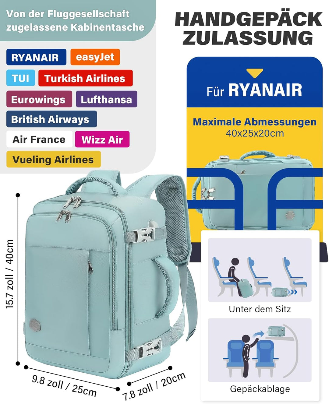 VANKEV für Ryanair Handgepäck 40x20x25 Laptop Rucksack Reiserucksack Klein Handgepäck Tasche Rucksac