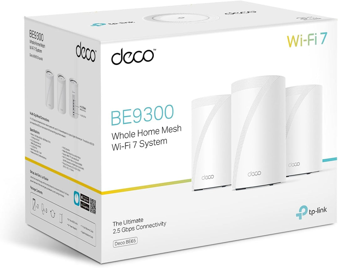 TP-Link Deco BE65 Wi-Fi 7 Mesh WLAN Set(3 Pack), Tri-Band 5760 Mbit/s (6 GHz) + 2880 Mbit/s (5 GHz)