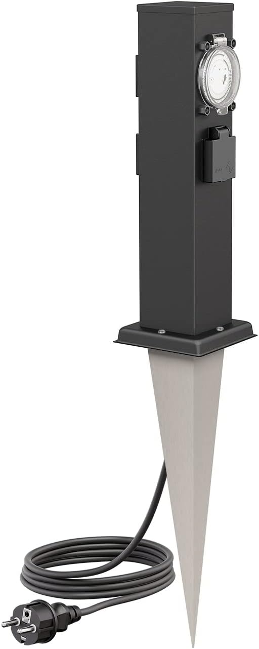 ledscom.de Garten-Steckdosen-Säule Polly mit Erdspiess und 2m Kabel für aussen, 3-Fach mit Timer/Zei
