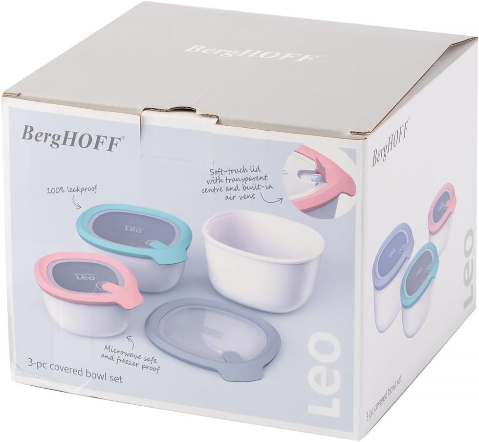 Berghoff 3950220 Set mit 3 stapelbaren Lebensmittelbehältern, Deckel aus Silikon, geeignet für Kühls