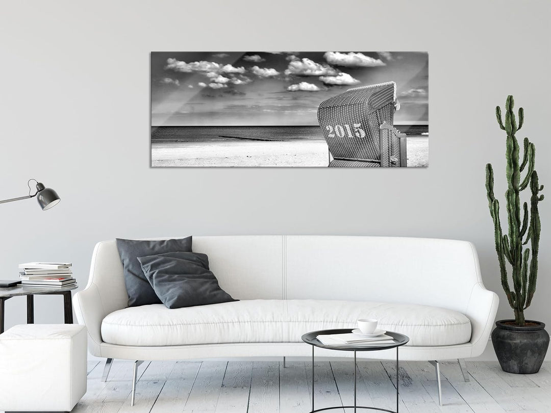 Glasbild Panorama | Wandbild aus Echtglas | Strandkorb an der Nordsee | 100x40 cm | inkl. Aufhängung