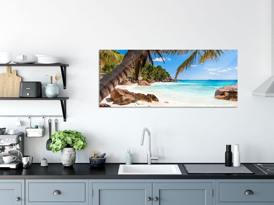 Glasbild Panorama | Wandbild aus Echtglas | Palmenstrand Seychellen | 100x40 cm | inkl. Aufhängung u