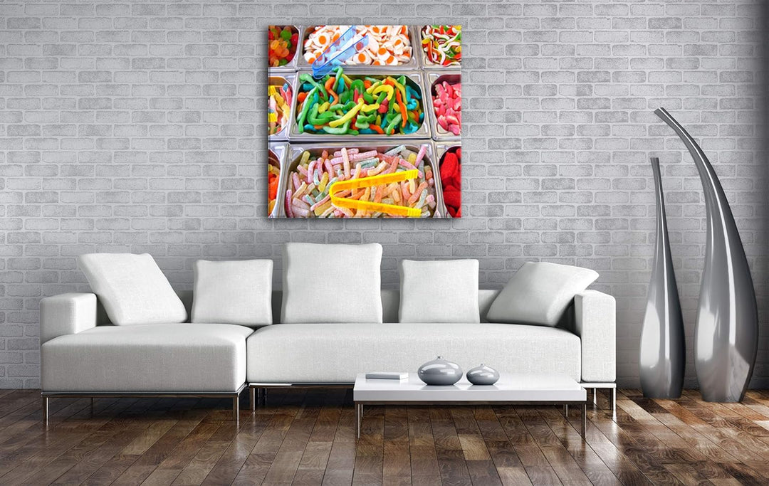 deyoli viele Bunte Süssigkeiten im Format: 70x70 als Leinwandbild, Motiv fertig gerahmt auf Echtholz