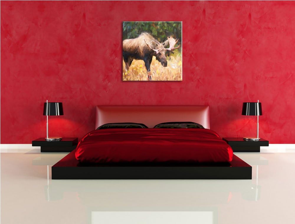 prächtiger Elch auf Wiese, Format: 70x70 auf Leinwand, XXL riesige Bilder fertig gerahmt mit Keilrah