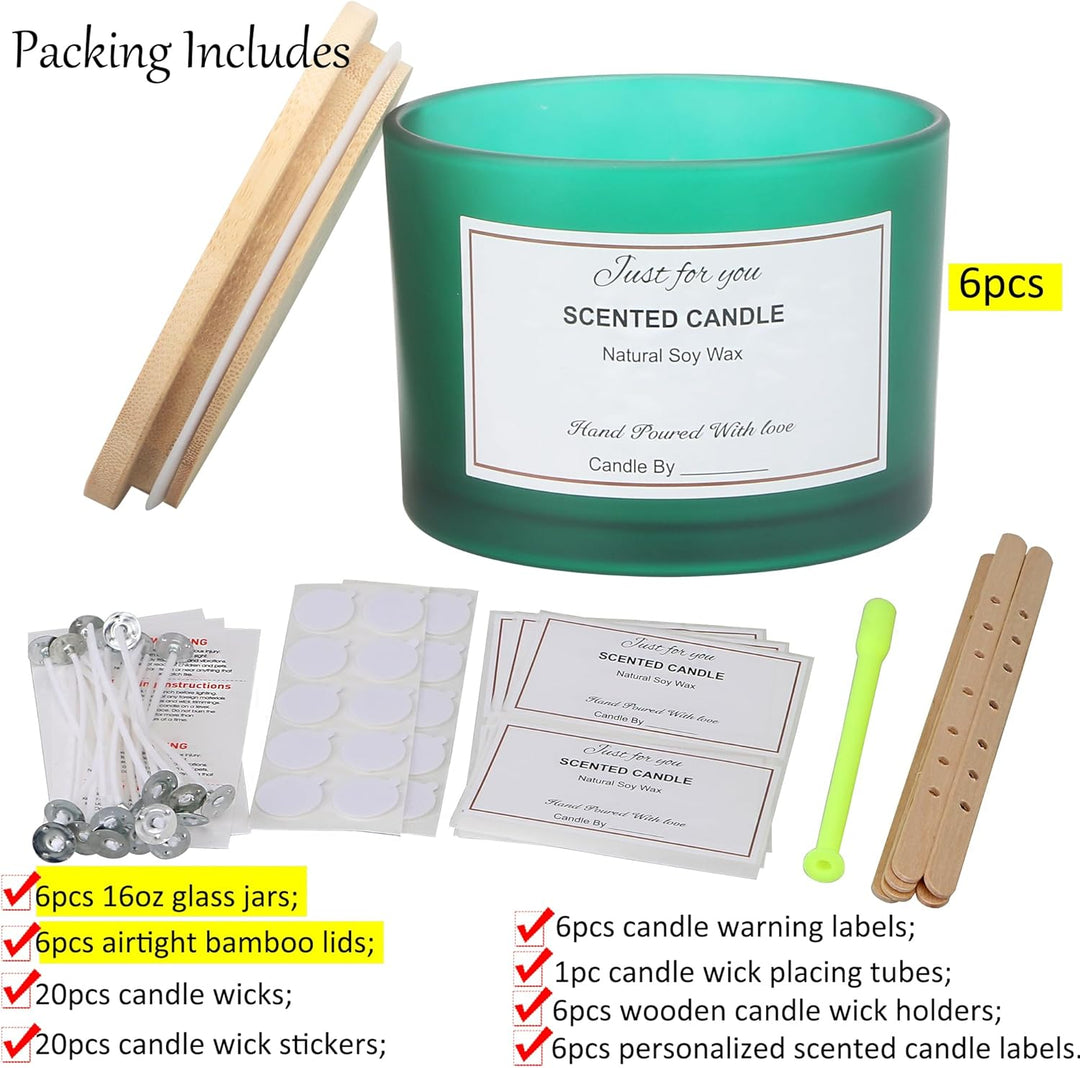 MILIVIXAY 6 x 473 ml Kerzengläser mit Bambusdeckel und Kerzenherstellungs-Kits – 3 Docht-Kerzenglas,