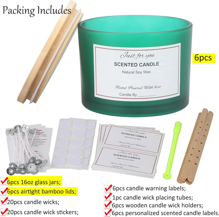 MILIVIXAY 6 x 473 ml Kerzengläser mit Bambusdeckel und Kerzenherstellungs-Kits – 3 Docht-Kerzenglas,