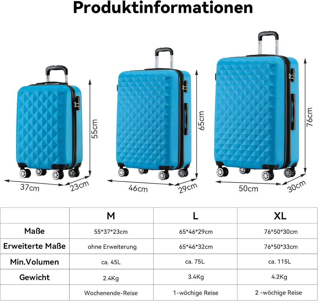 BEIBYE Zwillingsrollen 2066 Hartschale Trolley Koffer Reisekoffer Gepäck M-L-XL-Set (Türkis, L) Türk