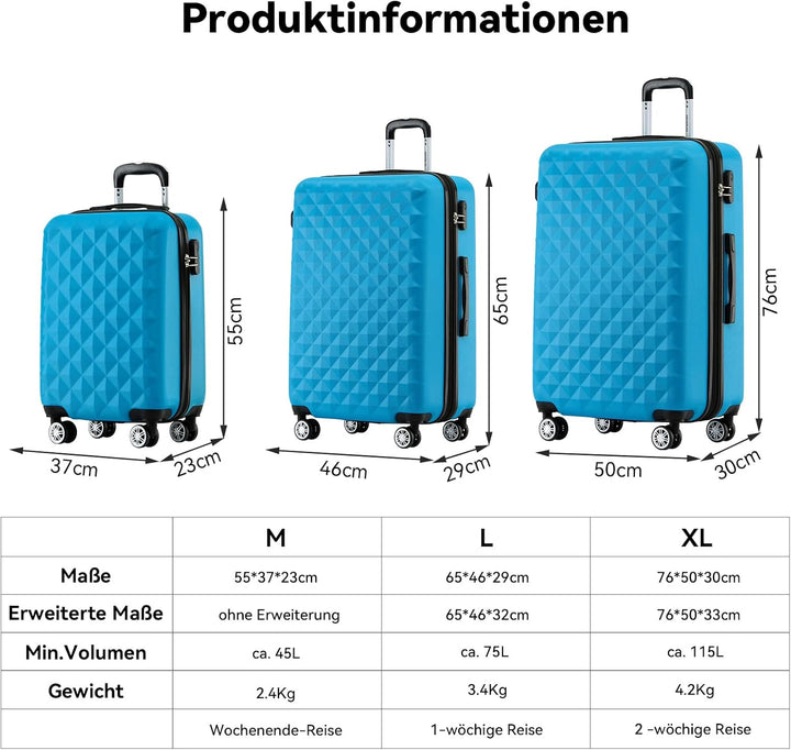 BEIBYE Zwillingsrollen 2066 Hartschale Trolley Koffer Reisekoffer Gepäck M-L-XL-Set (Türkis, L) Türk