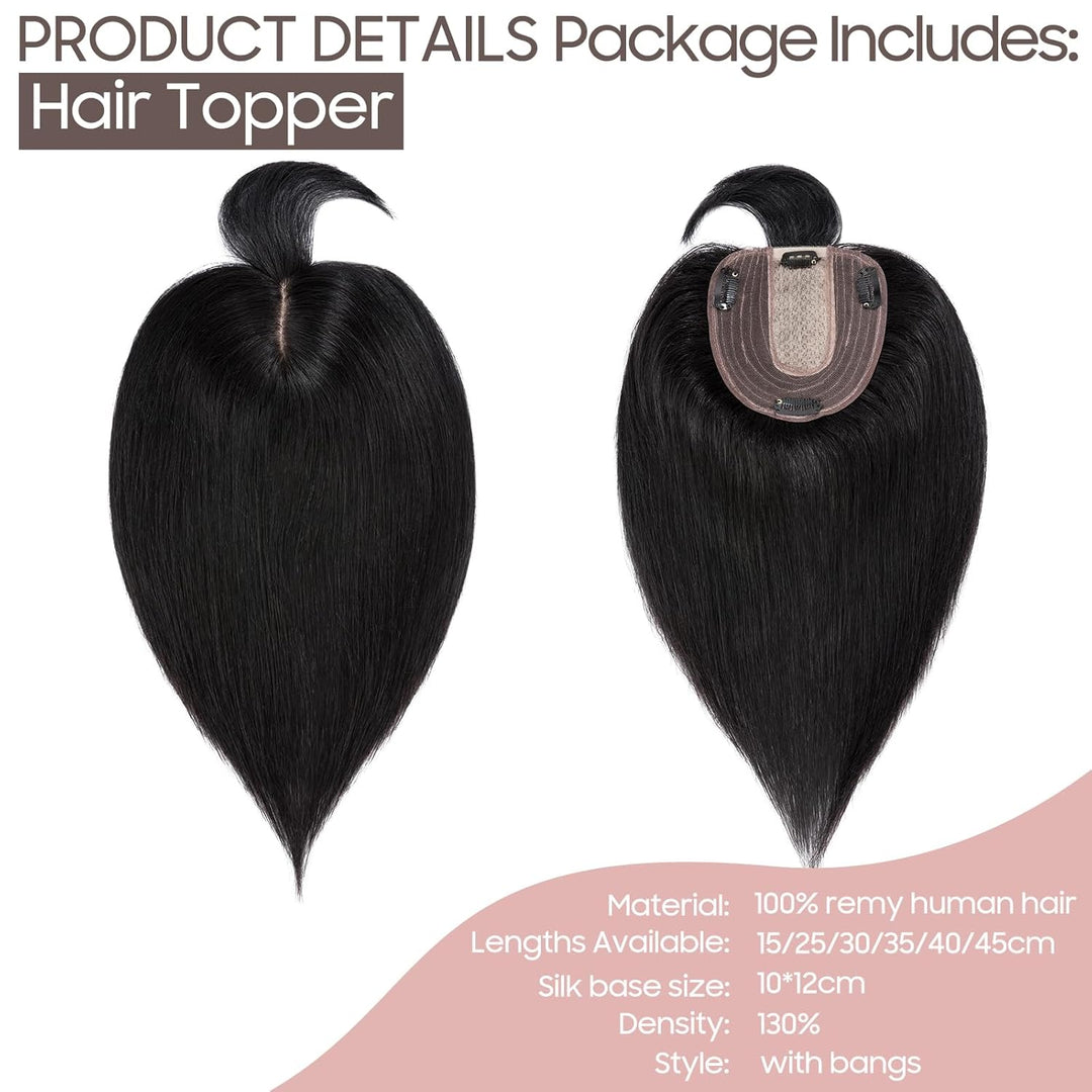 Silk-co Hair Topper Echthaar mit langem Pony, Toupet Damen 10x12cm Basis, Haartopper Echthaar mit Re