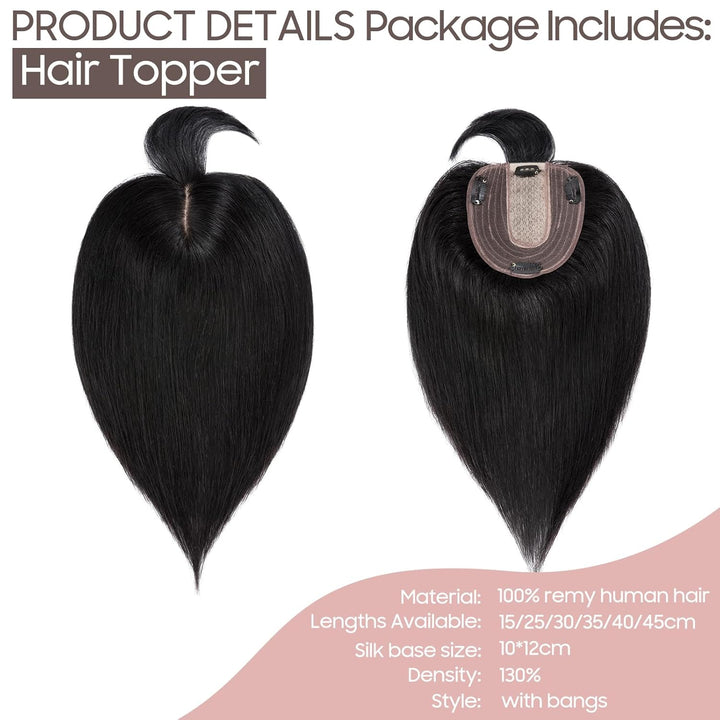 Silk-co Hair Topper Echthaar mit langem Pony, Toupet Damen 10x12cm Basis, Haartopper Echthaar mit Re