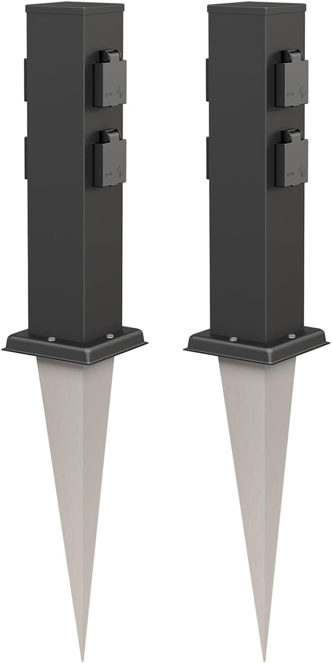 ledscom.de 2X Garten-Steckdosen-Säule Polly mit Erdspiess für aussen, 4-Fach, Edelstahl, eckig, schw